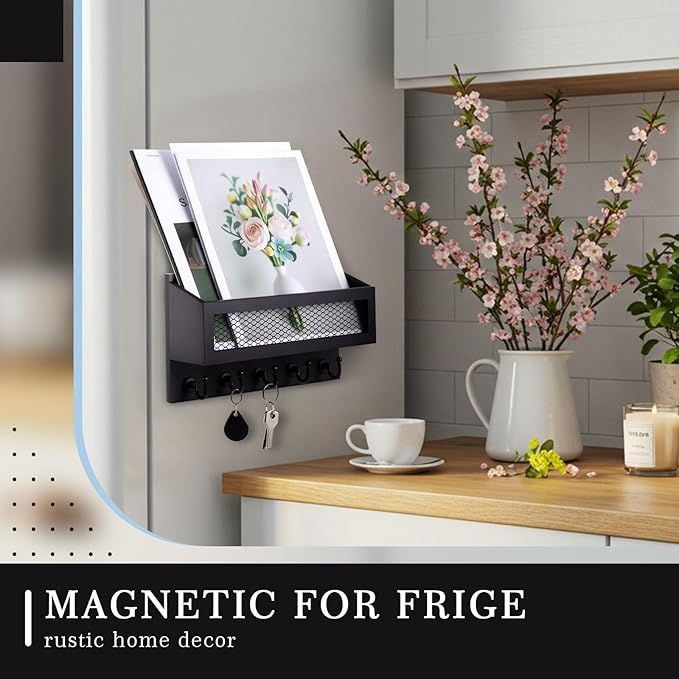 Magnetic Mail and Key Holder for Wall Fridge Wooden Mail Organizer with 5 Key Hooks for Home Bedroom Fridge Kitchen Decorative(Black)