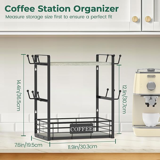 EsLuker.ly Coffee Mug Cup Holder Stand Bar Station Organizer for Countertop, Multi-Functional 2 Tier Mug Tree Rack for Kitchen, Storage Shelf with 12 Hooks, Light Grey-Black(Patented Design)