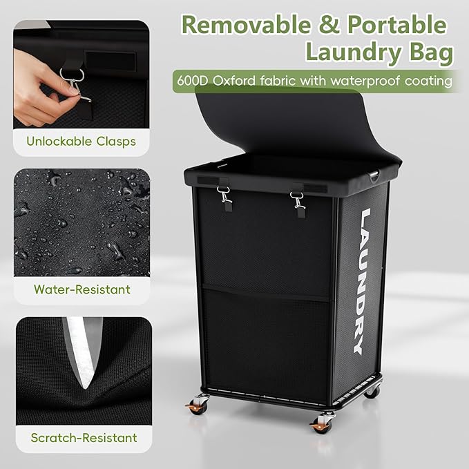 150L Laundry Basket with Lid and Wheels, Rolling Laundry Hamper with Cloth Cover, Laundry Cart with Metal Frame & Removable Bag, Large Dirty Clothes Hampers for Bedroom, Laundry Room Bathroom, Black