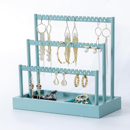 SANY DAYO HOME 3-Tier Earring Holder Organizer Stand, 105 Holes Teal Blue Metal Earring Rack Jewelry Display Tree with Wood Tray for Women and Girls