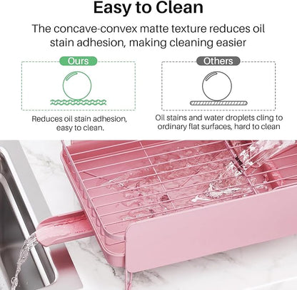 SNTD Dish Drying Rack - Large Dish Racks for Kitchen Counter, Expandable Dish Drainers with Cutlery Holder Stainless Steel Rustproof (Pink)