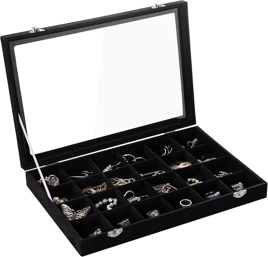 Frebeauty Velvet Jewelry Tray,24 Grid Jewelry Organizer with Clear Lid,Earring Holder Organizer with Clasp,Drawer Insert Rings Pendants Brooches,13.8 x 9.5 x 2 Inches,Gift for Women Girls(Black)