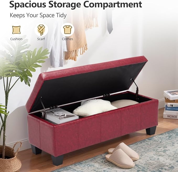 41" Storage Ottoman Bench, Faux Leather Storage Foot Rest with Safety Hinge, Load up to 660 lb Upholstered Tufted Entryway Bench with Seating for Living Room, Bedroom, Wine Red