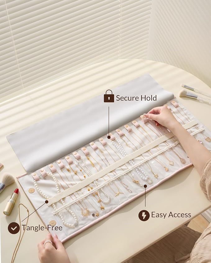 Lolalet Travel Necklace Organizer, Tangle-Free Necklace Case for Travel, Foldable Roll Up Jewelry Storage Bag for Necklaces Chains Bracelets, Pink, 18 Slots Holder