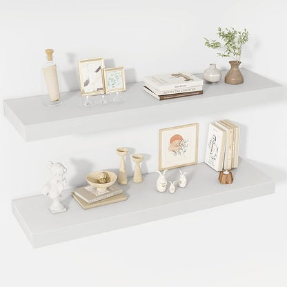Acovy 40 Inch Floating Shelves, 12" Deep Floating Shelf Wall Mounted, 40" Wall Shelves, Rustic Deep Bookshelf, Extra Deeper & Thicker Display Shelves for Bedroom, Living Room, White, Set of 2