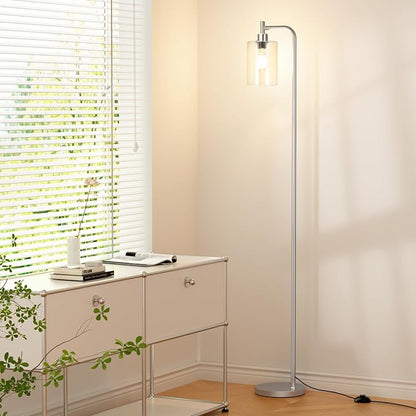Floor Lamps for Living Room - Industrial Standing Lamp with Glass Shade, Modern Floor Lamp with LED Bulbs, Tall Lamp for Bedroom Office - Brushed Nickel