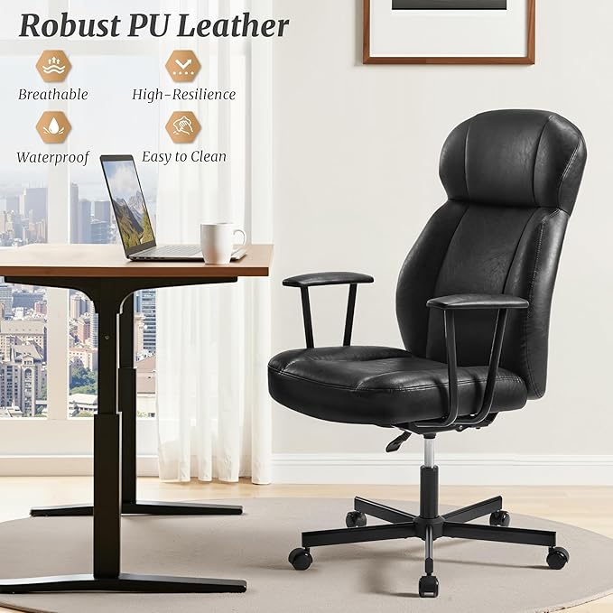 High Back Office Desk Chair, Breathable Ergonomic Leather Chair with 5-Layer Seat Cushion with 135°Reclining Lumbar Support Adjustable Height Rolling Swivel Executive Armrests Chair, Black
