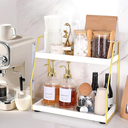 DWTS Coffee Bar Accessories,Coffee Station Organizer with Multi-Functional,CoffeeBar Decor for Accessories,2 Tier Wooden Shelf Gold Metal Station Organizer for Countertop,Syrup