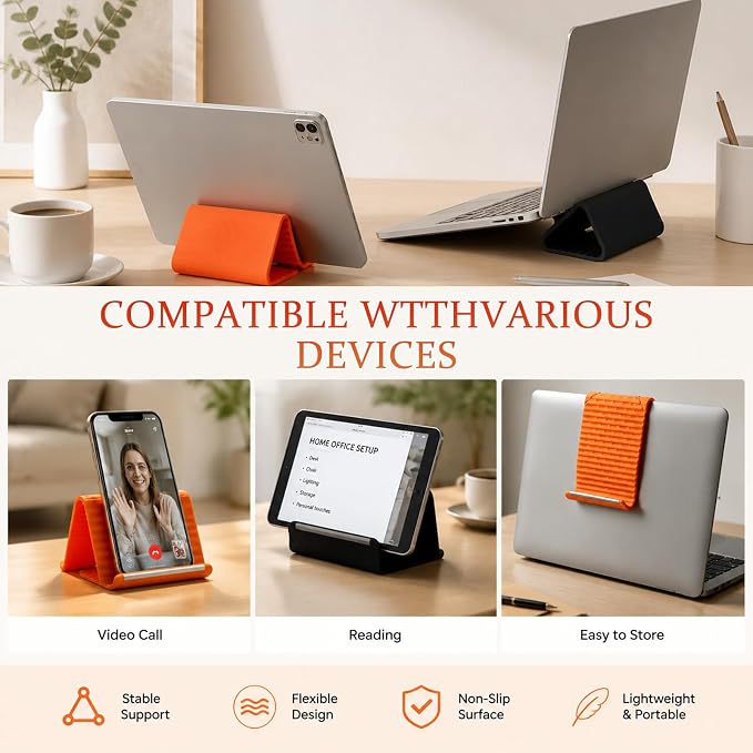 Flexible Silicone Phone Stand with Aluminum, Foldable Portable and Bendable Phone Holder for Phone Tablet Laptop, Portable Rollable Multi-Angle Stand (Orange)