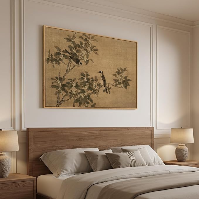 Framed Vintage Botanical Birds on Branch Wall Art, Retro Neutral Still Life Canvas Artwork for Walls, Elegant Rustic Painting Print for Living Room Bedroom Dining Room Office Wall Decor, 36x24 Inch