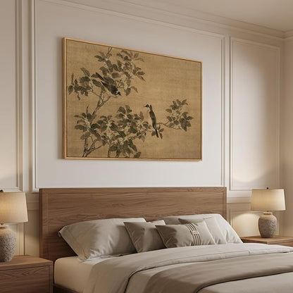 Framed Vintage Botanical Birds on Branch Wall Art, Retro Neutral Still Life Canvas Artwork for Walls, Elegant Rustic Painting Print for Living Room Bedroom Dining Room Office Wall Decor, 36x24 Inch