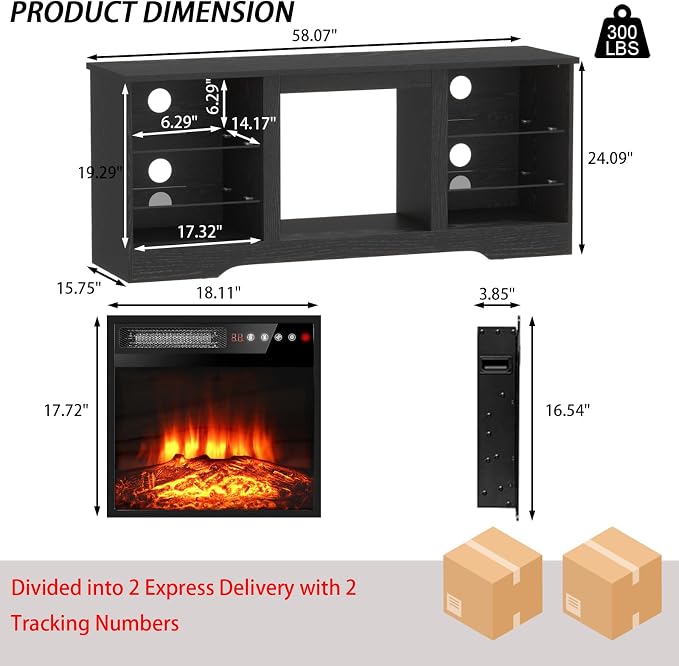 PRETZI Fireplace TV Stand with 18" Fireplace Up to 65" TVs, 58" Entertainment Center with LED Lights, TV Media Console with Adjustable Glass Shelves and Storage Cabinets for Living Room, Black