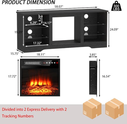 PRETZI Fireplace TV Stand with 18" Fireplace Up to 65" TVs, 58" Entertainment Center with LED Lights, TV Media Console with Adjustable Glass Shelves and Storage Cabinets for Living Room, Black
