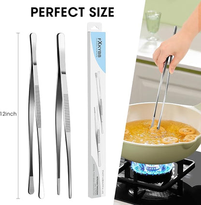 2 Pcs 12-inch Stainless Steel Kitchen Utensils, Cooking Tongs, Kitchen Tweezers for Cooking, Camping Cooking Essentials