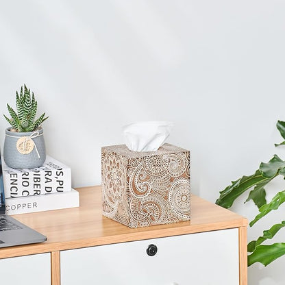 Vintage Wood Carved Square Tissue Box Cover Decorative,Napkin Dispenser,Facial Paper Holder for Bathroom Vanity Countertop,Bedroom Dresser,Night Stand, Desk, Office and End Table,Boho Flowers