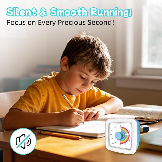 Visual Timer for Kids, 60-Minute Silent Countdown Timer with Rainbow Design, Cube Time Management Tool Timers for Classroom Cooking Homework ADHD, No Loud Ticking Kids Visual Timer,White Blue