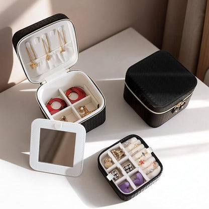 DesignSter Travel Jewelry Case for Woman, Small Travel Jewelry Box with Mirror,4.72×4.72×3.54 inches,Portable Design Travel Jewelry Organizer,Double Headed Zipper