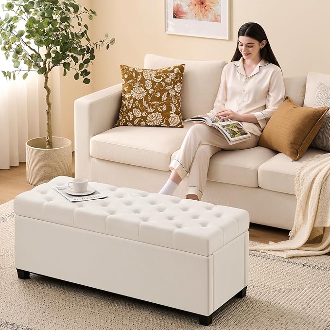 47.2" Ottoman with Storage, Storage Ottoman Bench with Safety Hinge,Tufted End of Bed Bench, Upholstered Entryway Bench for Bedroom, Living Room & Window (Ivory-Upgraded Version)