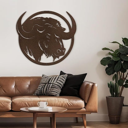 SIGNLEADER Metal Wall Art Decor Majestic Buffalo Circular Frame Minimalist Modern Abstract Wall Sculpture Hangings Home Decoration for Living Room, Bedroom, Bathroom, Kitchen, Outdoor - 24" Bronze