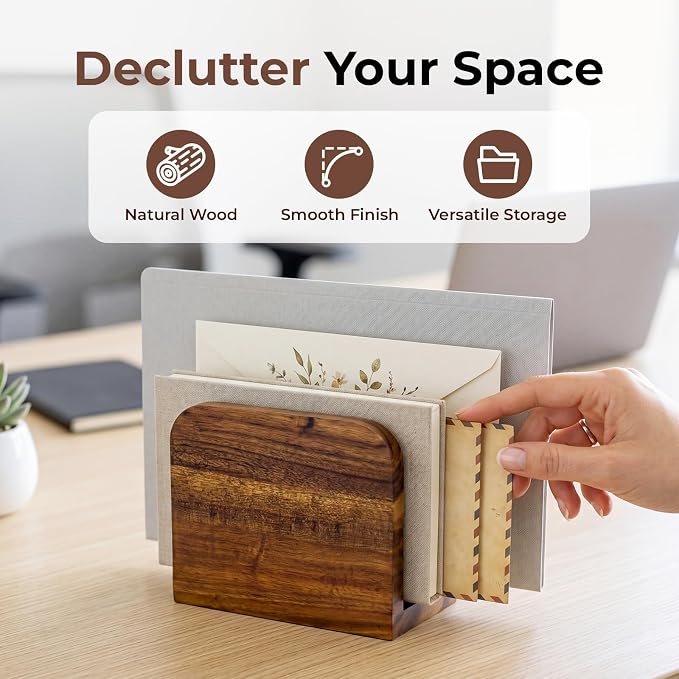 Acacia Wood Mail Organizer Countertop -Small Letter Holder for Desk, Rustic Farmhouse Decor, Upright Bill postcards, and notepads Stand for Entryway & Office，Also Works as Napkin Holder