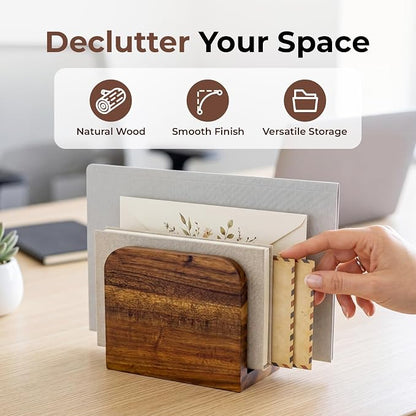 Acacia Wood Mail Organizer Countertop -Small Letter Holder for Desk, Rustic Farmhouse Decor, Upright Bill postcards, and notepads Stand for Entryway & Office，Also Works as Napkin Holder