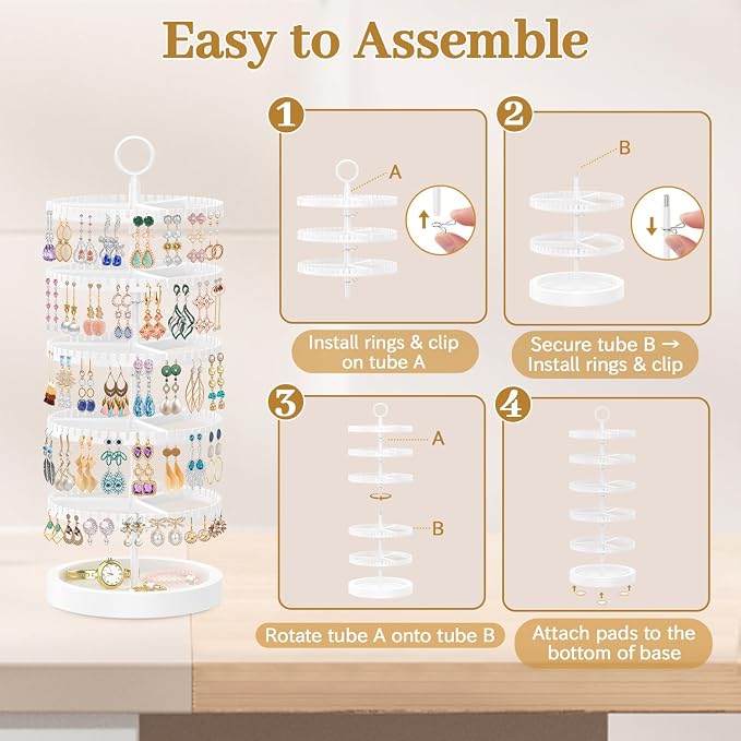 MODOWEY 5 Tier Rotating Earring Holder Organizer Display Tree with Wooden Tray, Adjustable Plastic Stand with 285 Slots for Stud Hoop Hanger, Large Capacity Storage Rack for Women Space Saving, White