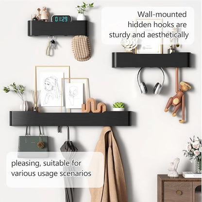 Coat Rack Wall Mount with Shelf 4 Hidden Hooks Modern Wooden Key Holder Entryway Organizer for Hallway Bedroom Bathroom Home Decor Storage for Hanging Coats Hats Bags Towels, Black