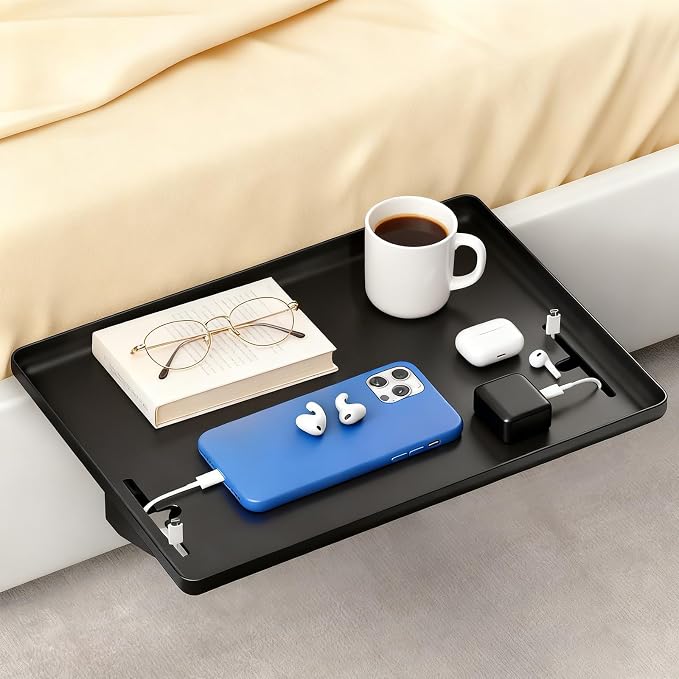 Bedside Shelf for Bunk Beds, Clip On Bed Table with Charging Cable Organizer, Floating Nightstand for Small Spaces, Dorm Room & Kids Room Essentials, Black