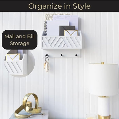 BLU MONACO | Wall Mount Key Holder with Mail Organizer | Wooden Command Center with 3 Hooks and 2-Tier Letter Pockets | Entryway Mail Sorter & Key Rack | White Geometric Wall Organizer for Office Home