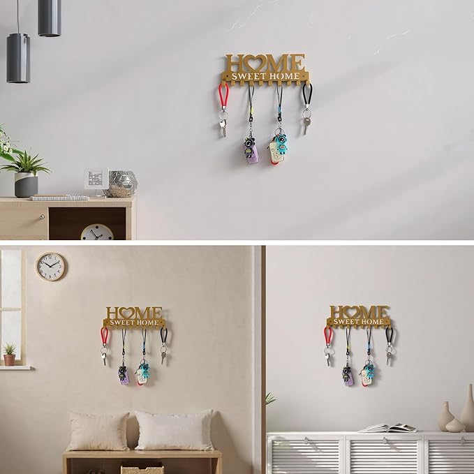 Key Holder Wall Mounted with Screws and Anchors, Gold Multifunctional Key Hanger with 10 Hooks, Entryway Front Door Kitchen Hallway Garage Office