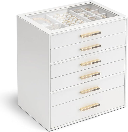 VLANDO 6 Layer Jewelry Box for Women, Glass Lid Jewelry Organizer with 6 Drawers for Necklaces Rings Earrings Bracelets - White