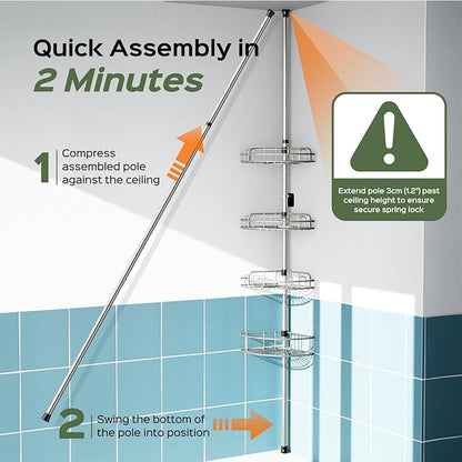 HAMITOR Shower Caddy Tension Pole: 4-Tier Rustproof Bathroom Corner Shelf Organizer for Renter - No Drill Large Shampoo Storage Rack - Adjustable 47-121" - Space Saving Bathtub Accessory - Silver Gray