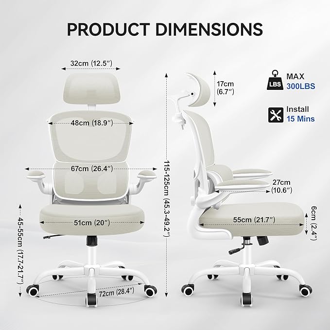 Ergonomic Office Chair, Mesh Desk Chair with Lumbar Support, High Back Home Office Chair with Adjustable Headrest and Flip-Up Arms, Comfortable Computer Chair, Thick Cushion, 300 LBS, White