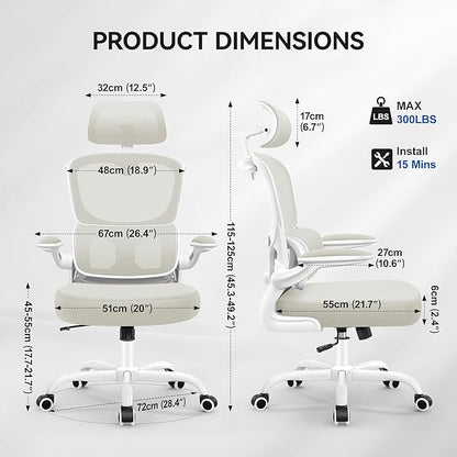 Ergonomic Office Chair, Mesh Desk Chair with Lumbar Support, High Back Home Office Chair with Adjustable Headrest and Flip-Up Arms, Comfortable Computer Chair, Thick Cushion, 300 LBS, White
