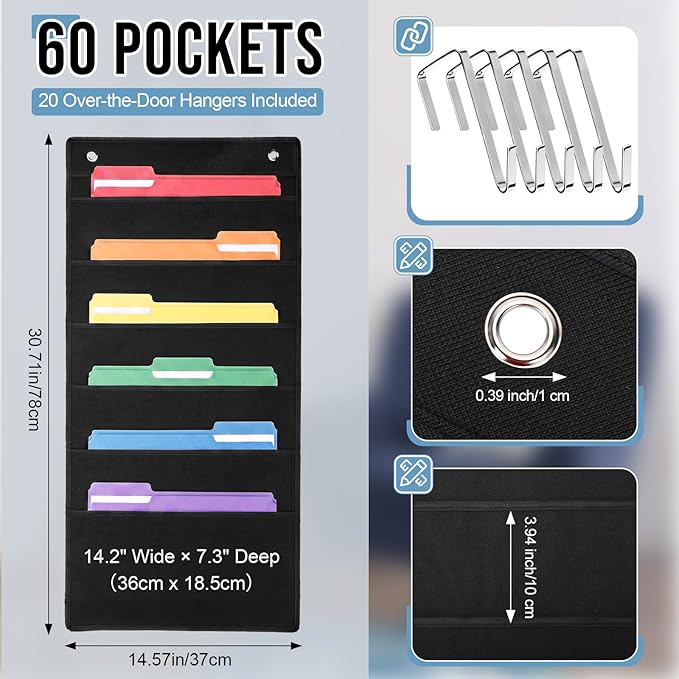 10 Pack Hanging Wall File Organizer, 60 Pockets Storage Pocket Chart, 20 Metal Hangers Included, Versatile Hanging Paper File Folder for Classroom Mailbox Office Home, 30.7 x 14.5 Inch