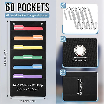 10 Pack Hanging Wall File Organizer, 60 Pockets Storage Pocket Chart, 20 Metal Hangers Included, Versatile Hanging Paper File Folder for Classroom Mailbox Office Home, 30.7 x 14.5 Inch