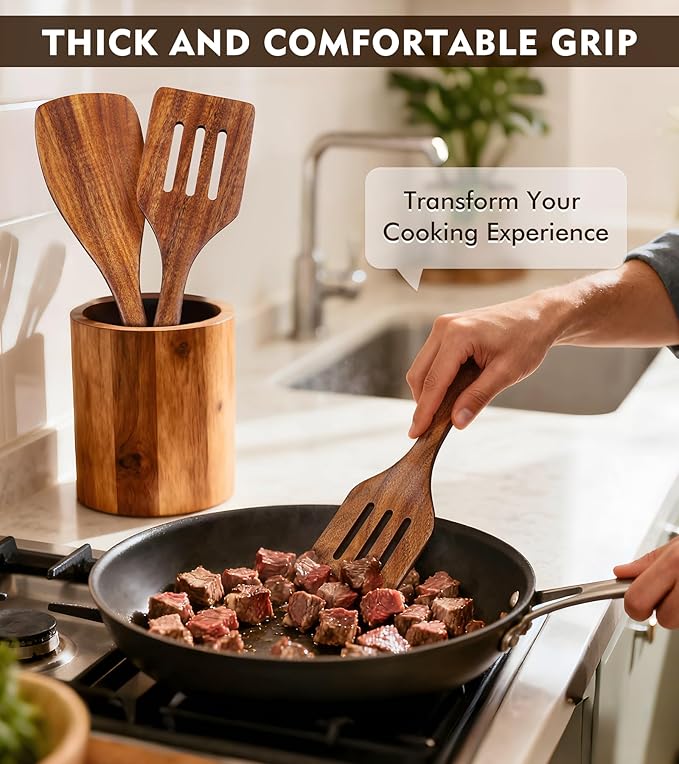 2Pcs Wooden Spatula, Acacia Wooden Spatula for Kitchen Use, Nonstick Cookware Safe Utensils Set including Turner and Slotted Turner, Ideal Cooking Utensils Gift Set for Cooking, Frying, Baking