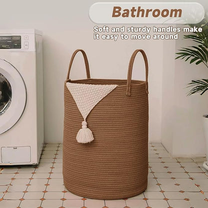 JMvicyroam Large Woven Laundry Basket Hamper,60L Cotton Rope Storage Bin for Blankets,Toys and Clothes,Decorative Tall Nursery Hamper for Living Room,Baby Nursery,Bathroom and Bedroom,Golden Jute