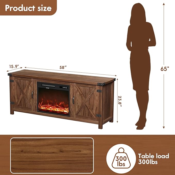 YESHOMY Fireplace TV Stand with Two Barn Doors and Storage Cabinets for Televisions up to 65+ Inch, Entertainment Center Console Table, Media Furniture for Living Room, 58 Inch, Brown