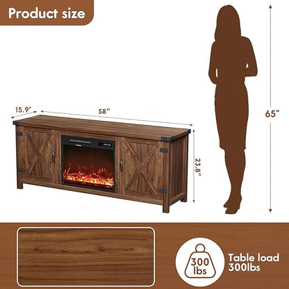 YESHOMY Fireplace TV Stand with Two Barn Doors and Storage Cabinets for Televisions up to 65+ Inch, Entertainment Center Console Table, Media Furniture for Living Room, 58 Inch, Brown