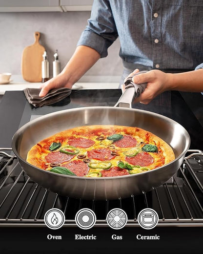 Stainless Steel Skillet, PFOA & PTFE Free 12 Inch Tri-Ply Chef's Pan, Dishwasher & Oven Safe Cookware, Compatible with Induction, Ceramic & Gas Cooktops