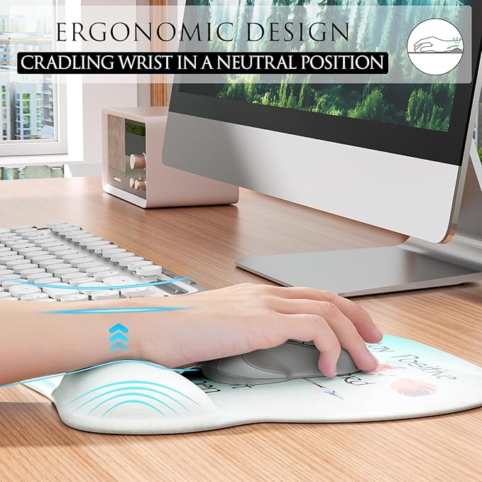 MROCO Ergonomic Mouse Pad with Gel Wrist Rest, 9.4 x 8.1 in, Feather Arrow | Ergonomic Shape Design, Multiple Pattern Options, Gel Wrist Comfort, Smooth Lycra Surface, Non-Slip PU Base