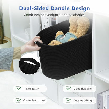 Cotton Rope Storage Basket, 15x10x9 Inches, Woven Basket for Shelves, Clothes, Towels, Books, and Laundry, Black (1 Pack)