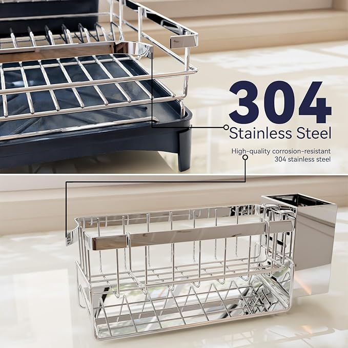 Dish Drying Rack, 304 Stainless Steel Dish Racks for Kitchen Counter with Cutlery Holder & Sponge Holder, Large Dish Drainer with Removable Drainboard, 11.8''W x 16.7''L (Stainless Steel)