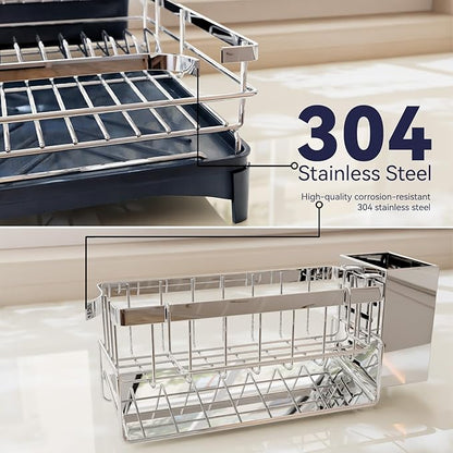Dish Drying Rack, 304 Stainless Steel Dish Racks for Kitchen Counter with Cutlery Holder & Sponge Holder, Large Dish Drainer with Removable Drainboard, 11.8''W x 16.7''L (Stainless Steel)