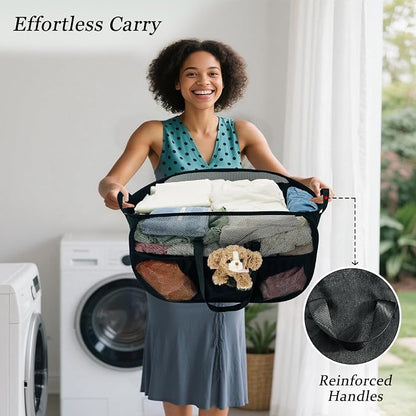 Upgraded Cationic XL Collapsible Laundry Baskets, 100L Extra Large Mesh Pop Up Hamper with Handles and bag, Portable Stair Basket, Dirty Clothes Hamper for Cruise Travel Bedroom. Black