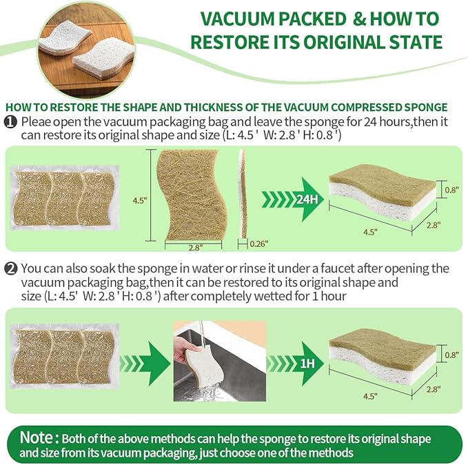 Sponges Kitchen Natural Dish Sponge Plant-Based Biodegradable Compostable Cellulose with Coconut Scrubber Sponge Non Scratch Eco Friendly Kitchen sponges for Kitchen Dishes（Pack of 12）