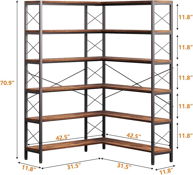 Wildhome 6-Shelf Corner Bookshelf, Vintage Industrial L Shaped Bookshelf Etagere Bookcase, Corner Shelf with Metal Frame Open Storage Rack Corner Book Shelf for Home Office Living Room (Retro Brown)
