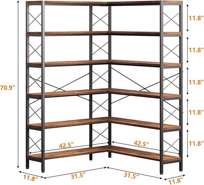 Wildhome 6-Shelf Corner Bookshelf, Vintage Industrial L Shaped Bookshelf Etagere Bookcase, Corner Shelf with Metal Frame Open Storage Rack Corner Book Shelf for Home Office Living Room (Retro Brown)
