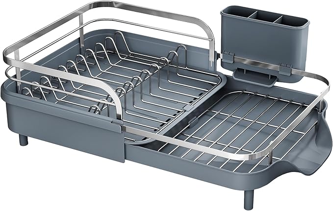 SAYZH Dish Drying Rack - Expandable Dish Rack for Kitchen Counter, Rust-Resistant Dish Drainer with Utensil Holder and Raised Guardrail, Kitchen Organizer for Cup and Bottle (Grey)
